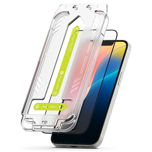 Película protetora de ecrã Ringke Easy Slide para Apple iPhone 17e / 16e / 14 / 13 Pro, Vidro Temperado, Cola Total, Conjunto de 2 peças, Preto