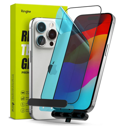 Película protetora de ecrã Ringke para Apple iPhone 15 Pro Max, Vidro Temperado, Cola Total, Preta