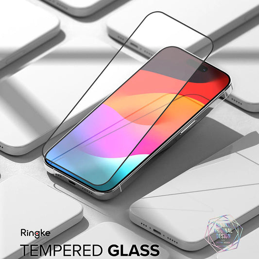 Película protetora de ecrã Ringke para Apple iPhone 15 Pro Max, Vidro Temperado, Cola Total, Preta