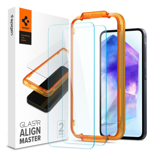 Película protetora de ecrã Spigen GlastR Align Master para Samsung Galaxy A55 5G A556, Vidro Temperado, Cola Total, Conjunto 2 peças AGL07775