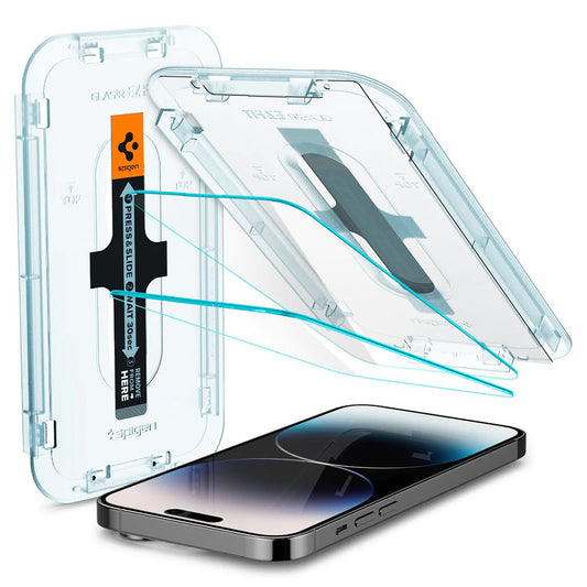 Película Protetora de Ecrã Spigen GlastR EZ FIT para Apple iPhone 14 Pro, Vidro Temperado, Full Glue, Conjunto de 2 peças