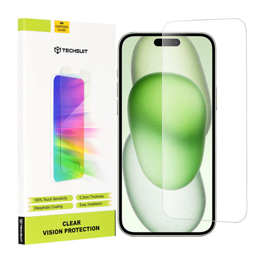 Película protetora de ecrã Techsuit Clear Vision para Apple iPhone 16 Plus / 15 Plus / 15 Pro Max, Vidro Temperado, Cola Total