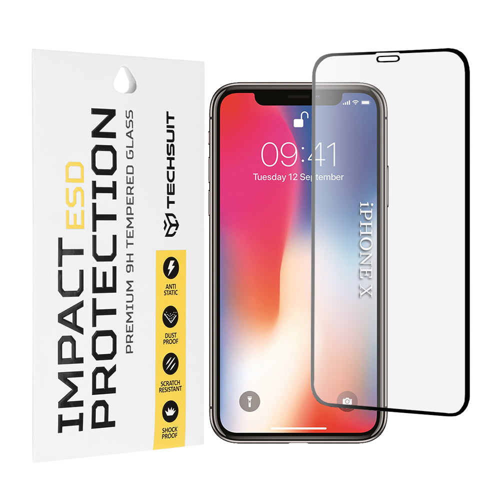 Película protetora de ecrã Techsuit para Apple iPhone 11 Pro / XS / X, Vidro Temperado, Cola Total, Preta