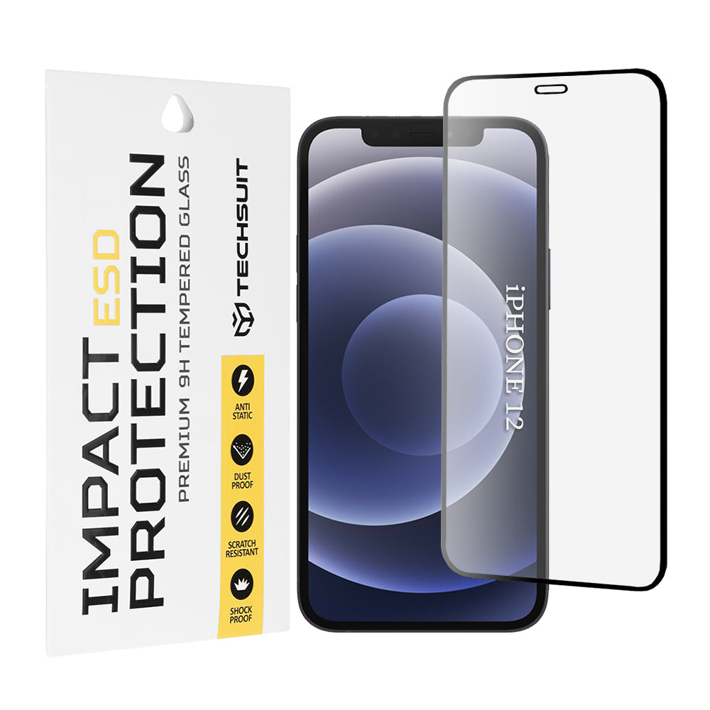 Película protetora de ecrã Techsuit para Apple iPhone 12 / 12 Pro, Vidro Temperado, Cola Total, Preta