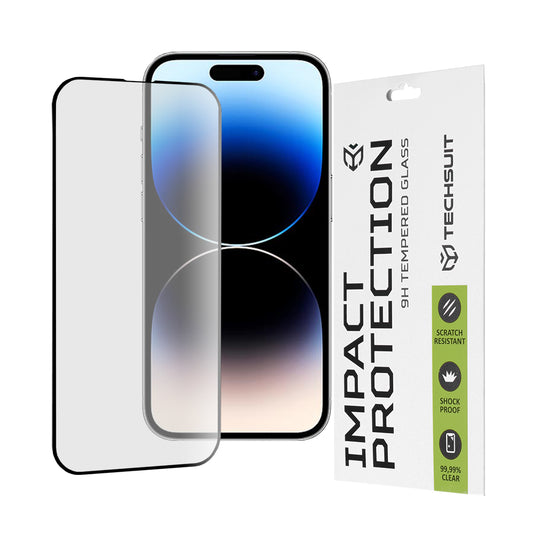 Película protetora de ecrã Techsuit para Apple iPhone 14 Pro, Vidro Temperado, Cola Total, 111D, Preta