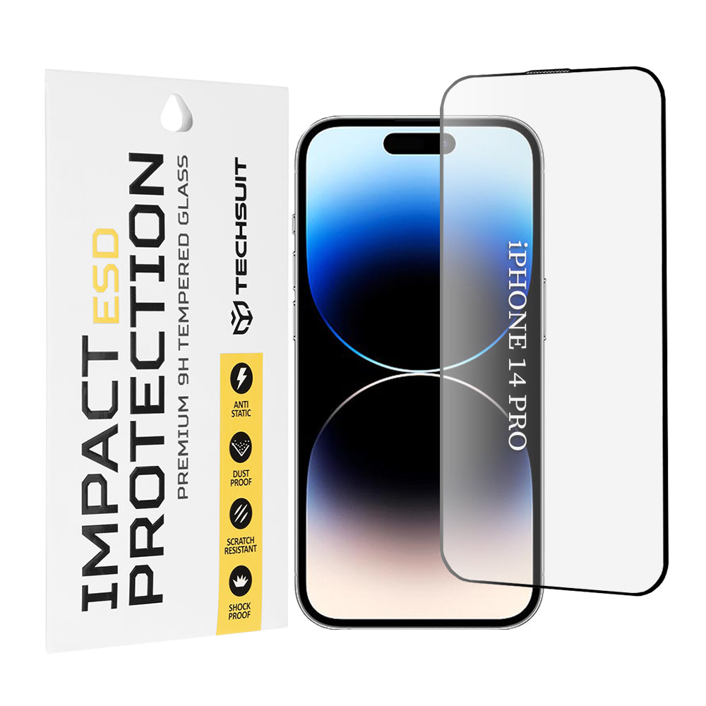 Película protetora de ecrã Techsuit para Apple iPhone 14 Pro, Vidro Temperado, Cola Total, Preta
