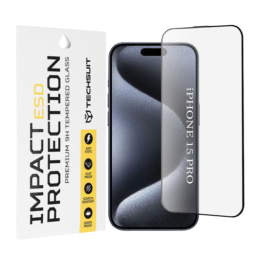 Película protetora de ecrã Techsuit para Apple iPhone 15 Pro, Vidro Temperado, Cola Total, Preta