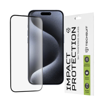 Película protetora de ecrã Techsuit para Apple iPhone 16 / 15 Pro, Vidro Temperado, Full Glue, 111D, Preto