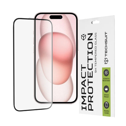 Película protetora de ecrã Techsuit para Apple iPhone 16 / 15, Vidro Temperado, Cola Total, 111D, Preta