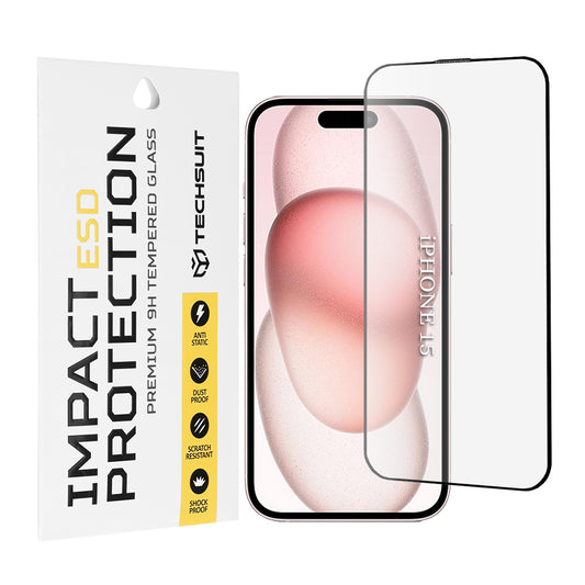 Película protetora de ecrã Techsuit para Apple iPhone 16 / 15, Vidro Temperado, Cola Total, Preta