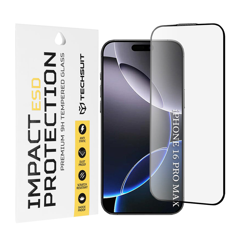 Película protetora de ecrã Techsuit para Apple iPhone 16 Pro Max, Vidro Temperado, Cola Total, Preta