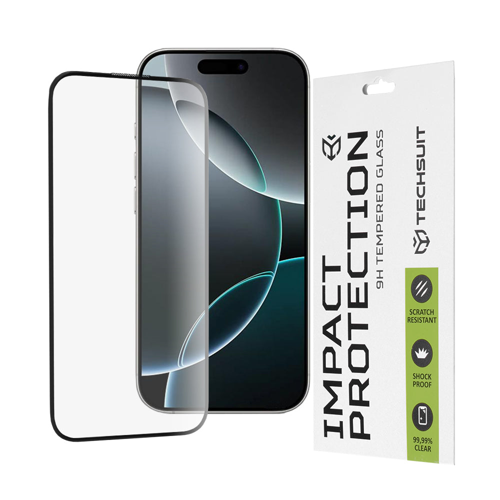 Película protetora de ecrã Techsuit para Apple iPhone 16 Pro, Vidro Temperado, Cola Total, 111D, Preta