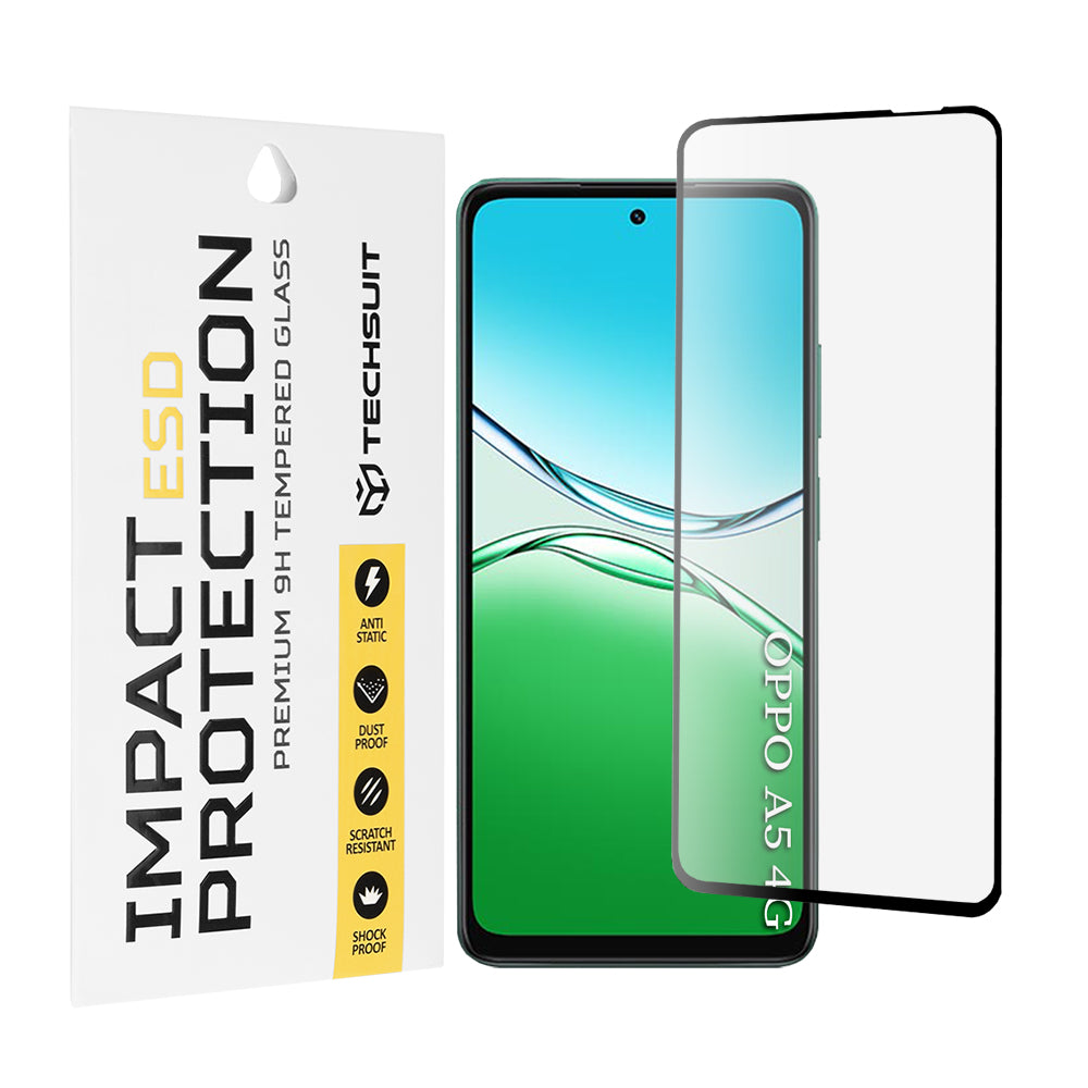 Película protetora de ecrã Techsuit para Oppo A5 4G / A5 5G, Vidro Temperado, Cola Total, Preta