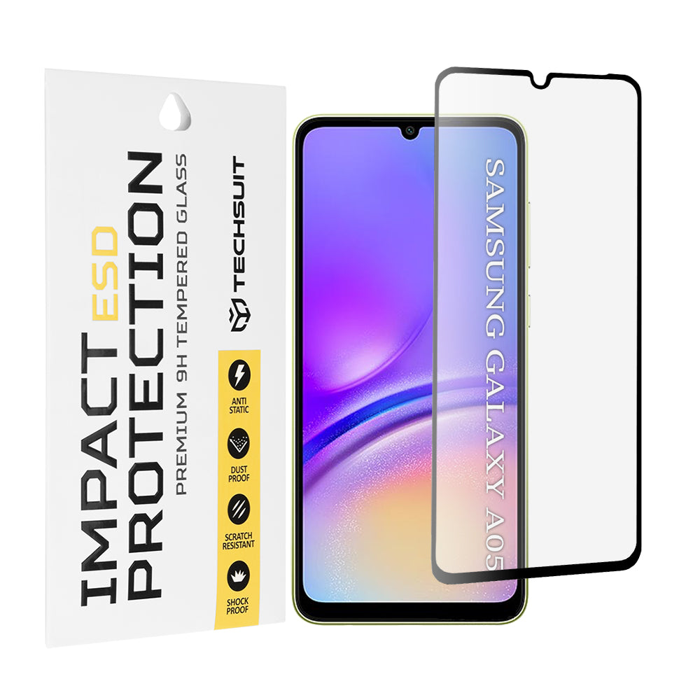 Película protetora de ecrã Techsuit para Samsung Galaxy A05 A055, Vidro Temperado, Cola Total, Preta