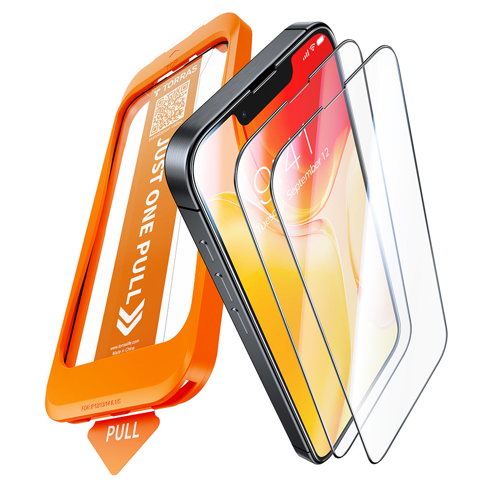 Película protetora de ecrã Torras GlassGo Install Master para Apple iPhone 17e / 16e / 14 / 13 Pro, Vidro Temperado, Cola Total, Conjunto de 2 unidades