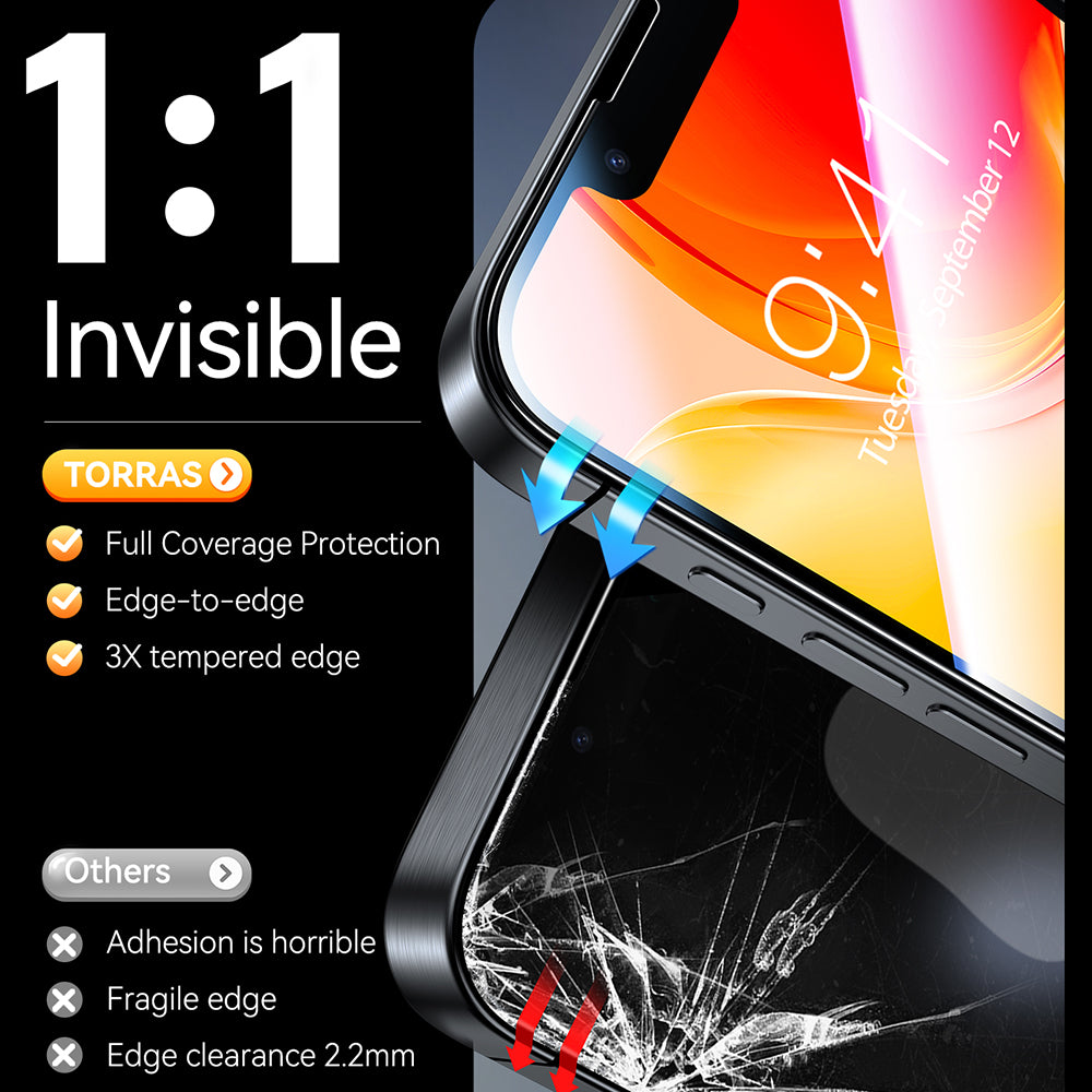 Película protetora de ecrã Torras GlassGo Install Master para Apple iPhone 17e / 16e / 14 / 13 Pro, Vidro Temperado, Cola Total, Conjunto de 2 unidades