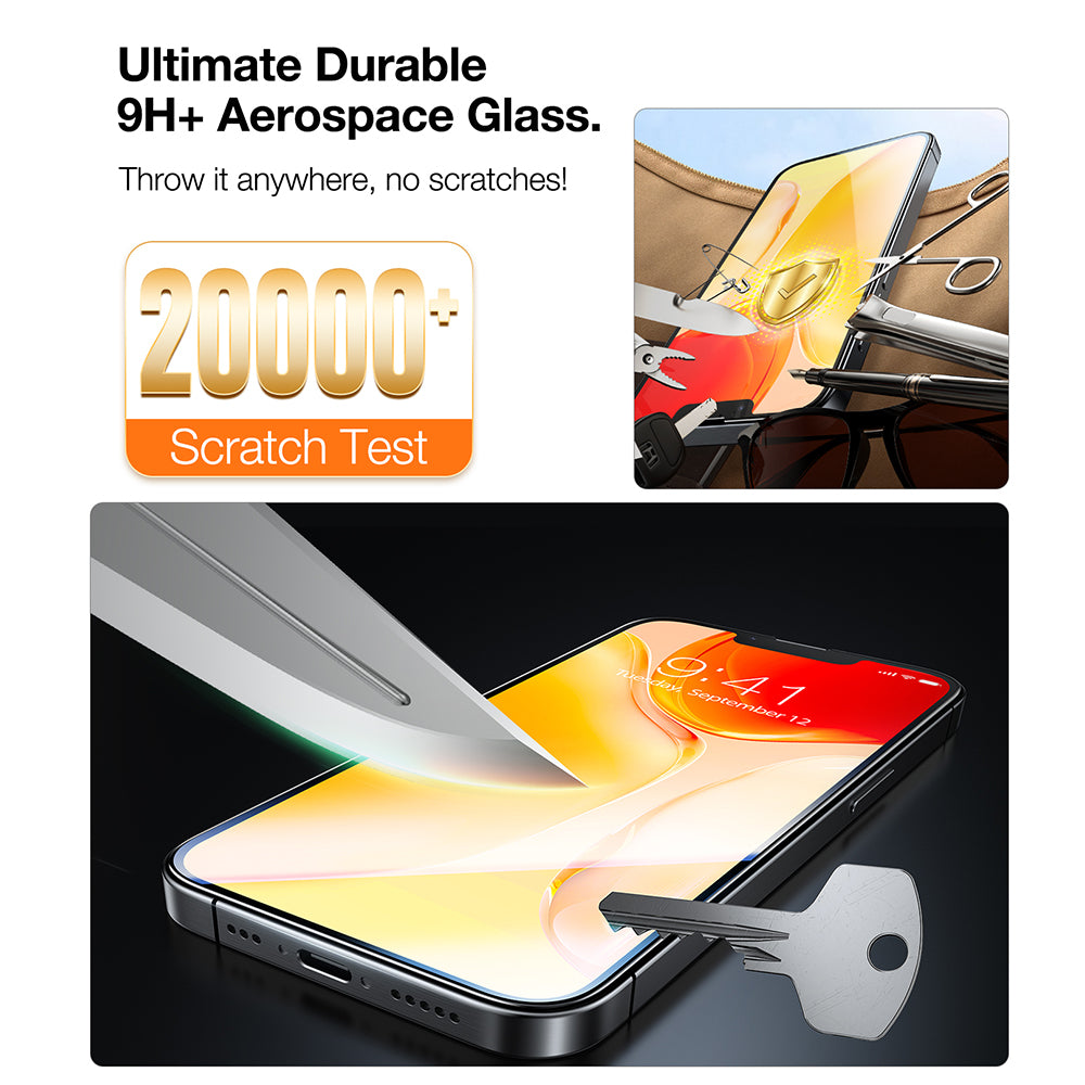 Película protetora de ecrã Torras GlassGo Install Master para Apple iPhone 17e / 16e / 14 / 13 Pro, Vidro Temperado, Cola Total, Conjunto de 2 unidades