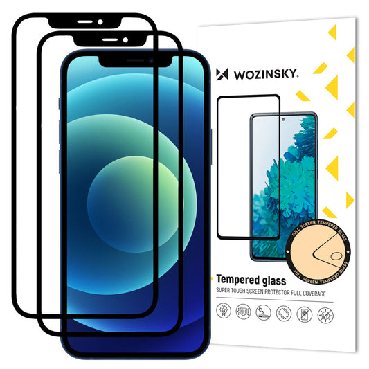 Película protetora de ecrã WZK para Apple iPhone 12 / 12 Pro, Vidro Temperado, Cola Total, Conjunto de 2 peças, Compatível com Capas, Preta