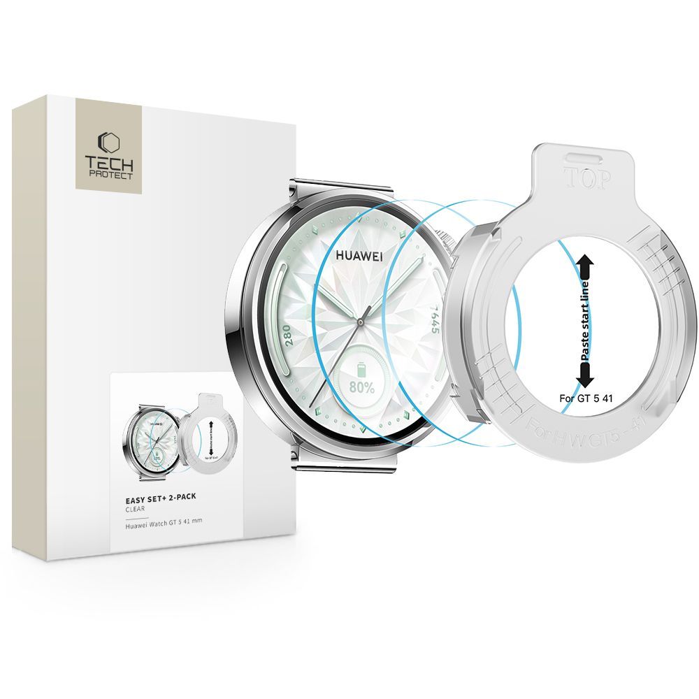 Película Protetora Tech-Protect Easy Set+ para Huawei Watch GT 5 41mm, Conjunto de 2 peças, Vidro Temperado