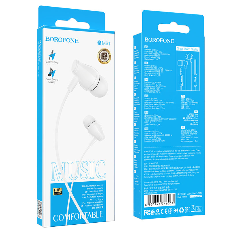 Auricular mãos-livres de 3,5 mm BM61 Wanderer, branco 