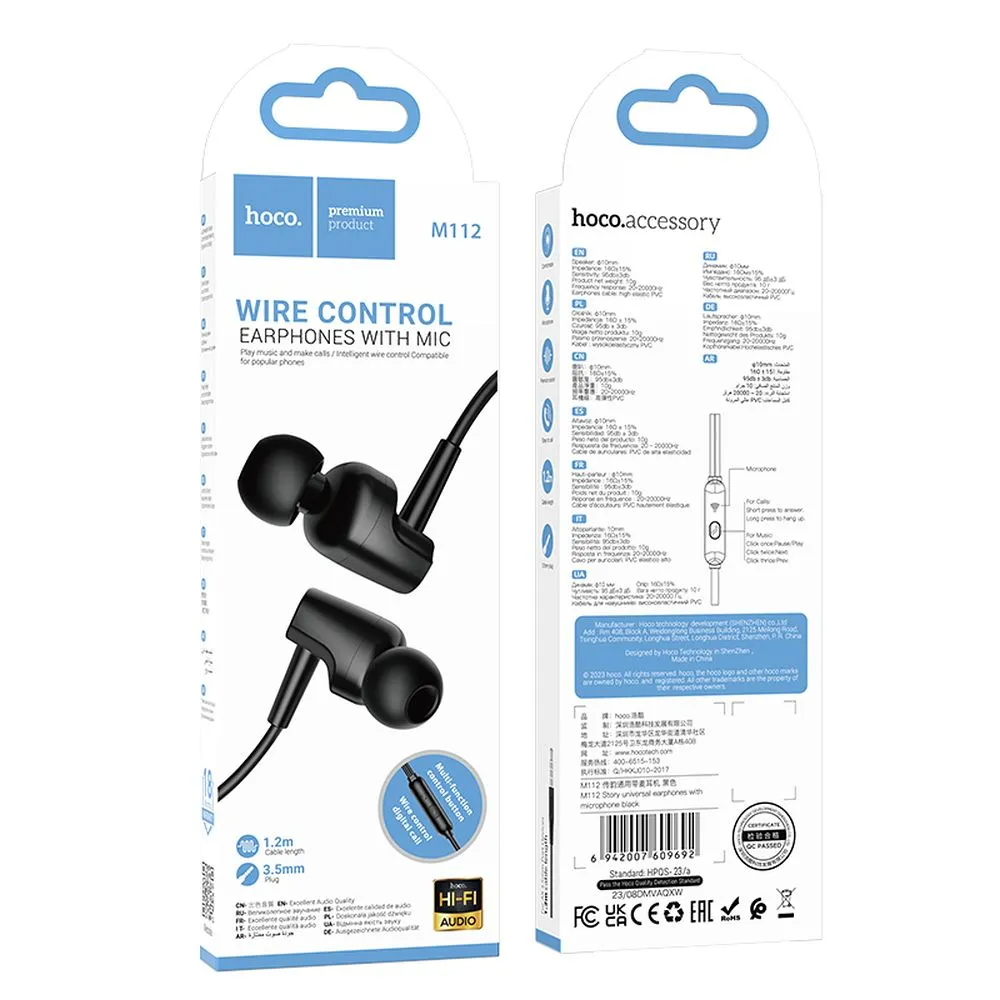Handsfree 3.5mm HOCO M112, Preto