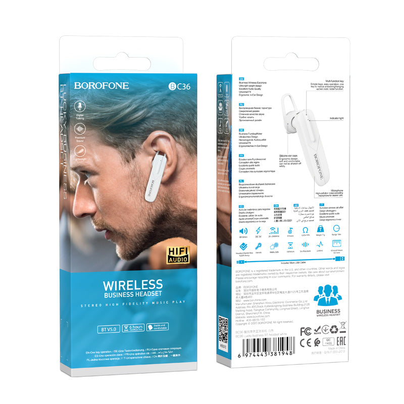 Auricular Bluetooth mãos-livres BC36 Lucky, A2DP, Branco 