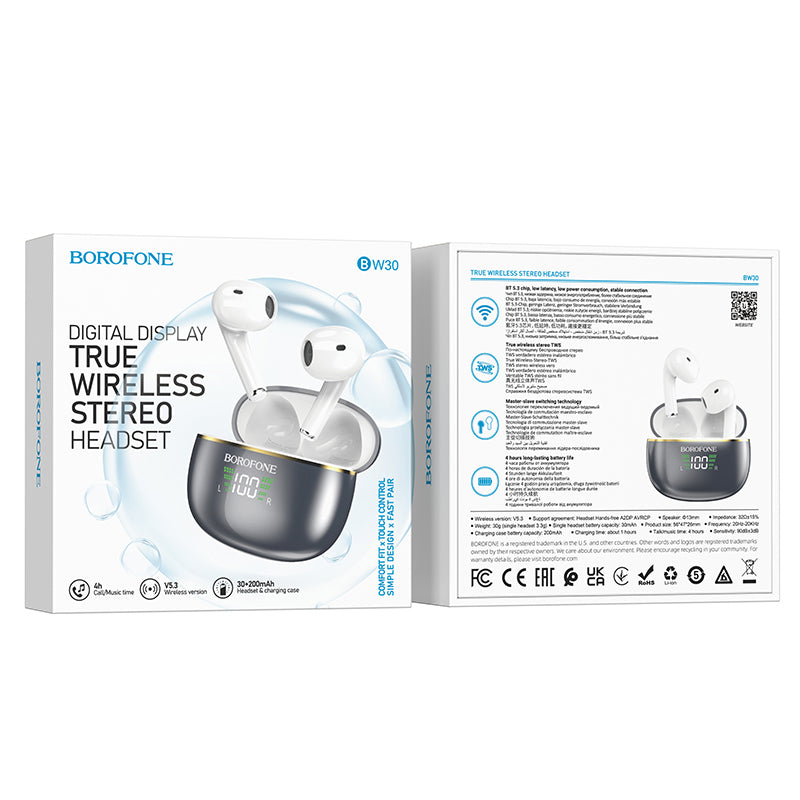 Auricular Bluetooth mãos-livres BW30, TWS, cinzento 