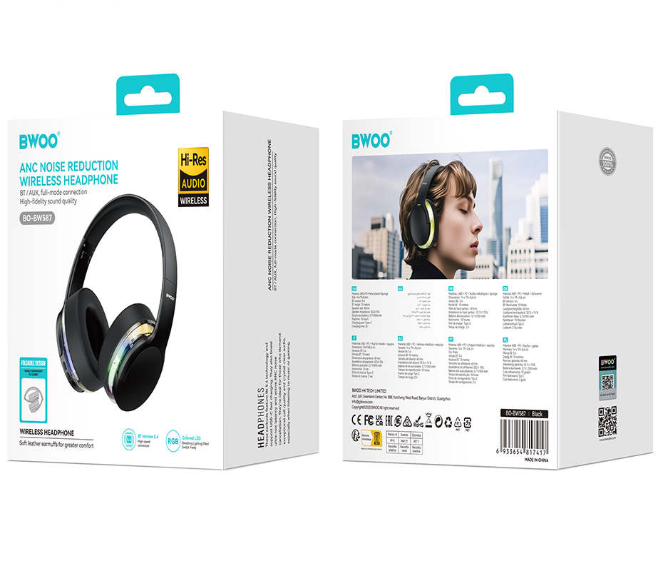 Auricular Bluetooth BWOO BO-BW587, A2DP, ANC, Preto