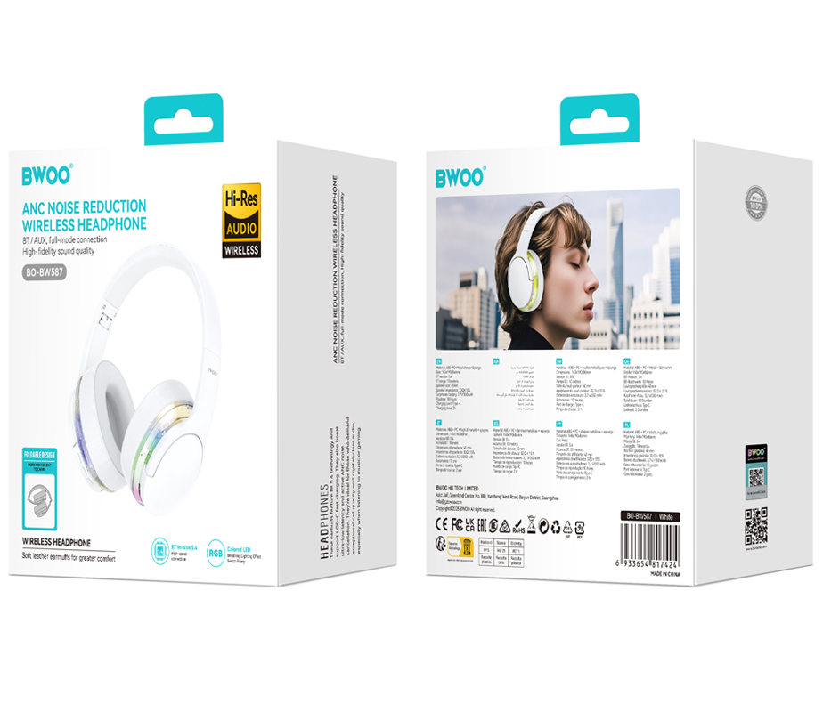 Auricular Bluetooth BWOO BO-BW587, A2DP, ANC, Branco