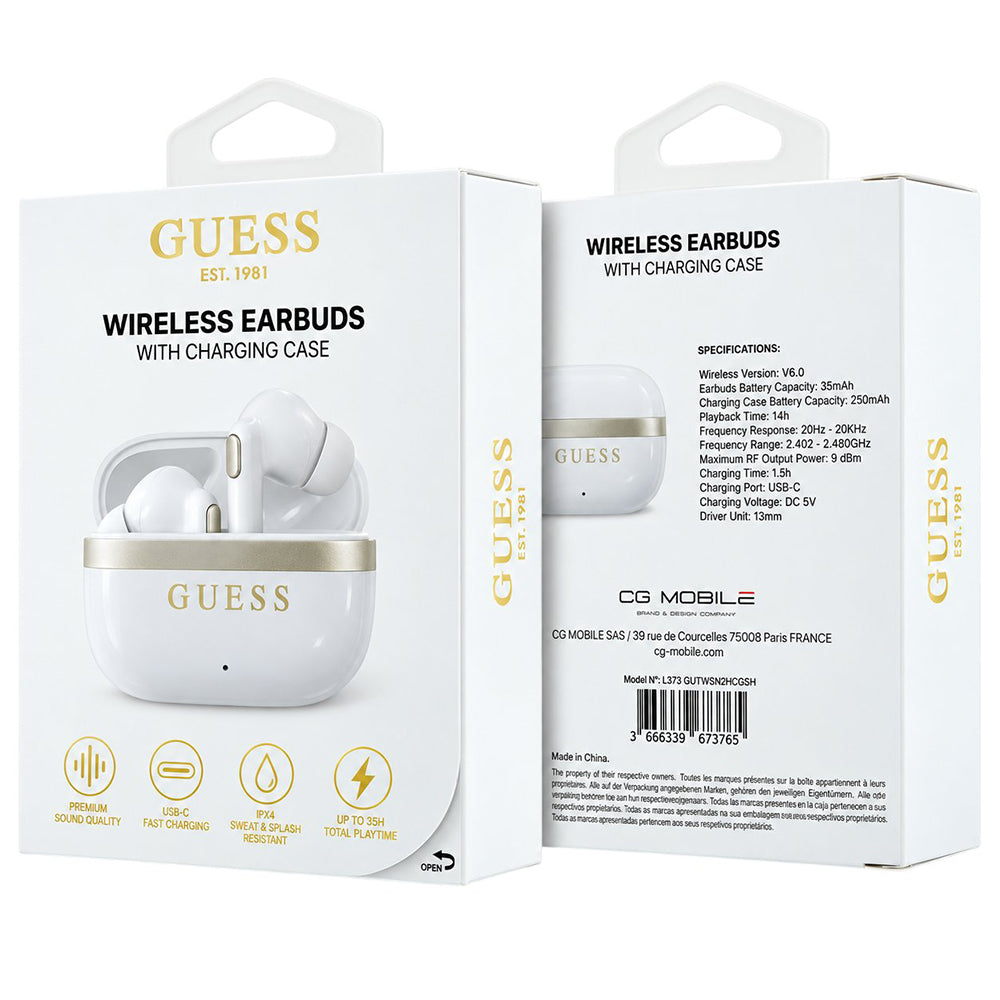 Auriculares Bluetooth Guess Glossy Gold Line Printed Classic Logo, TWS, Branco