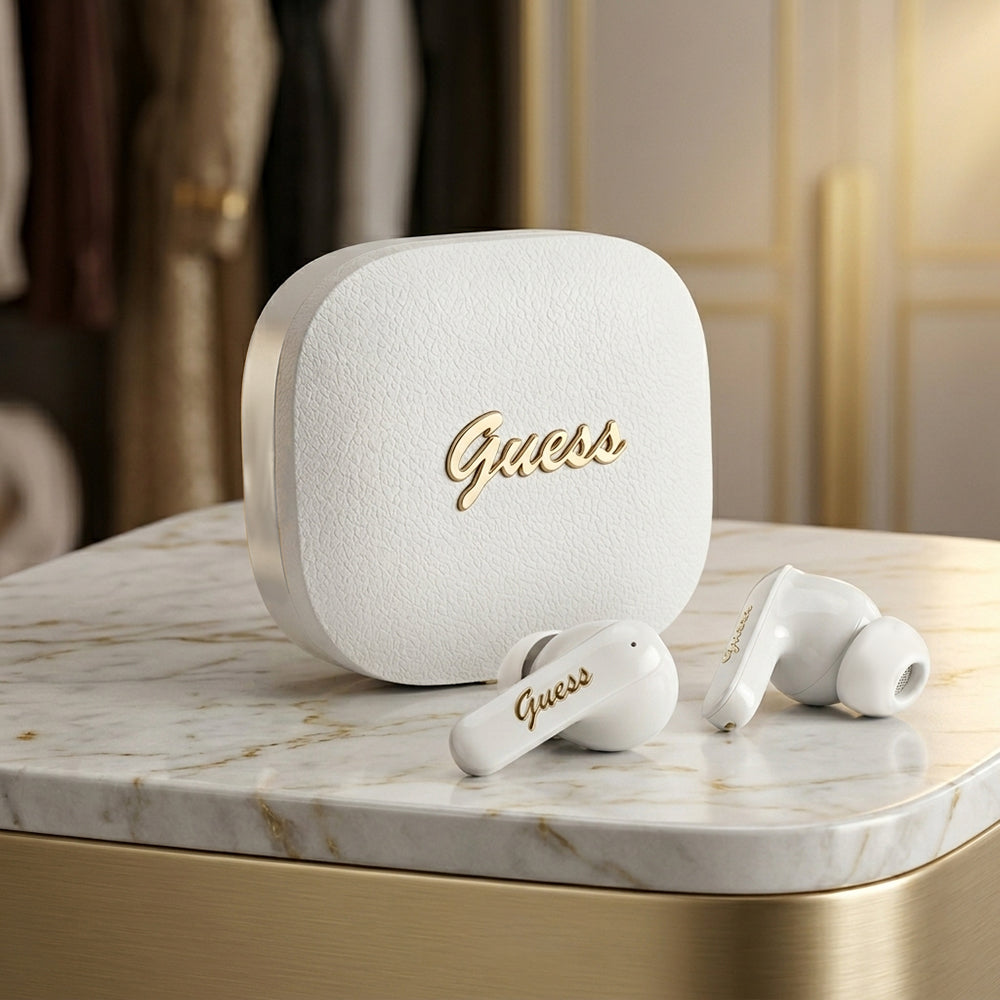 Handsfree Bluetooth Guess Script Metal Logo, TWS, Branco