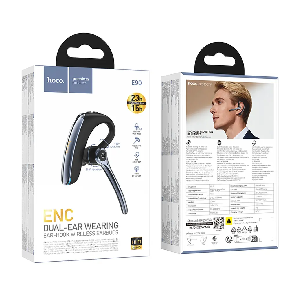 Handsfree Bluetooth HOCO E90, A2DP, Preto
