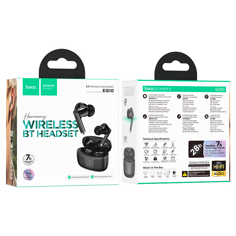 Mãos-livres Bluetooth HOCO EQ10, TWS, preto 