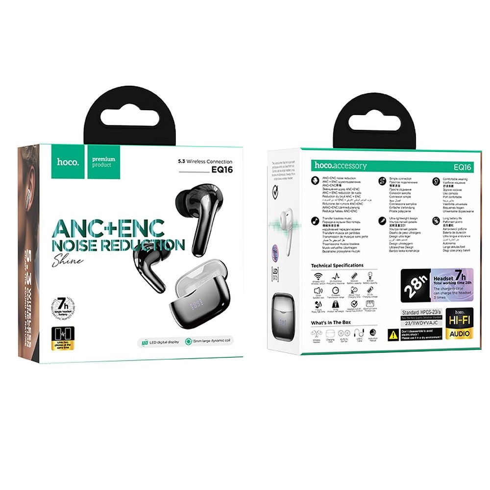 Handsfree Bluetooth HOCO EQ16, TWS, ANC, Preto
