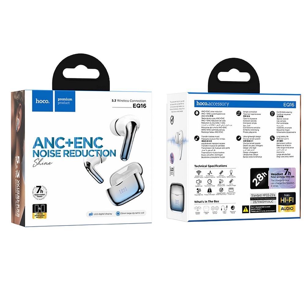 Mãos-livres Bluetooth HOCO EQ16, TWS, ANC, Azul 