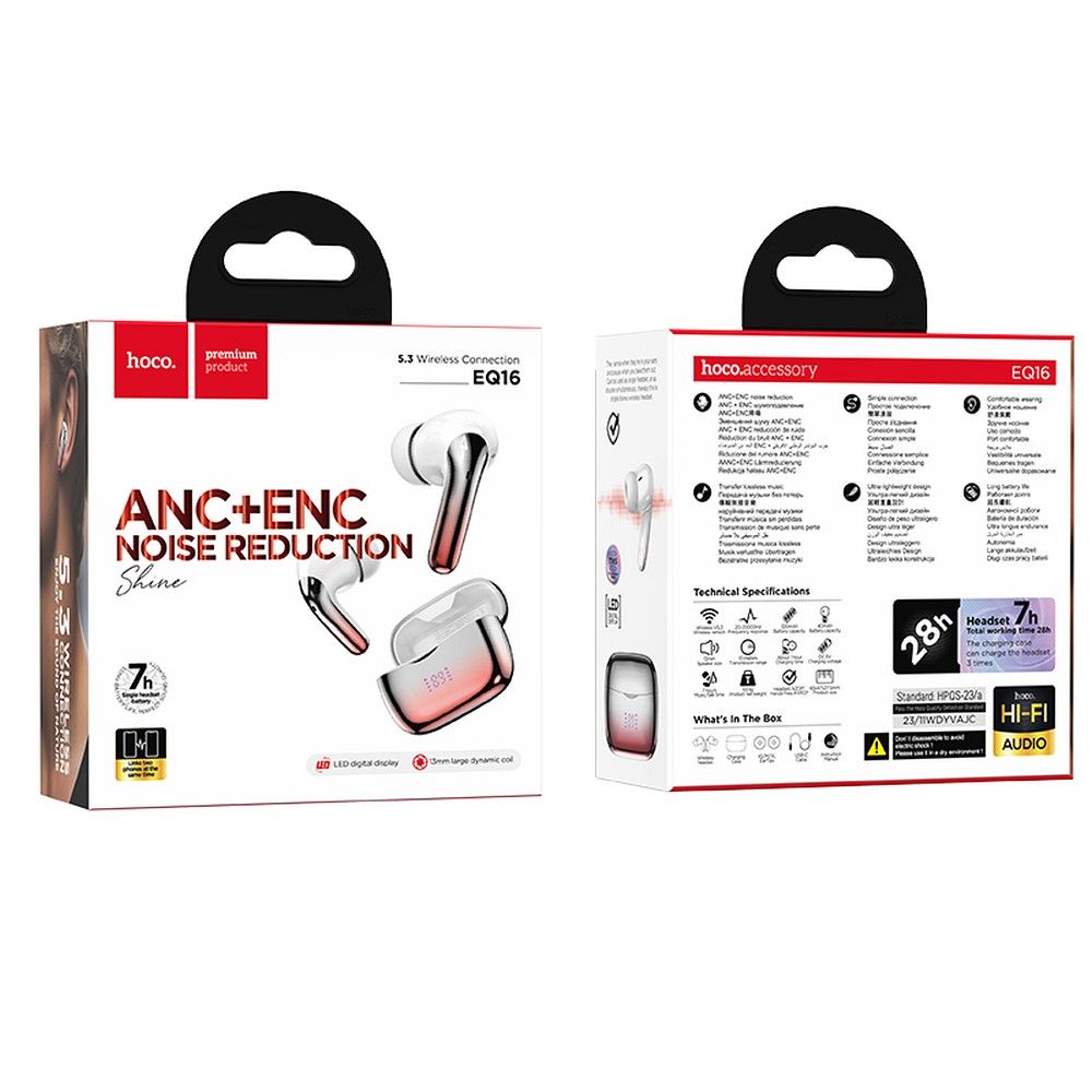 Mãos-livres Bluetooth HOCO EQ16, TWS, ANC, vermelho 