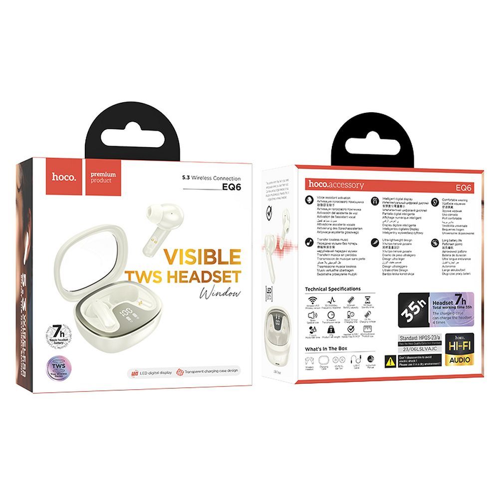 Handsfree Bluetooth HOCO Shadow EQ6, TWS, Branco