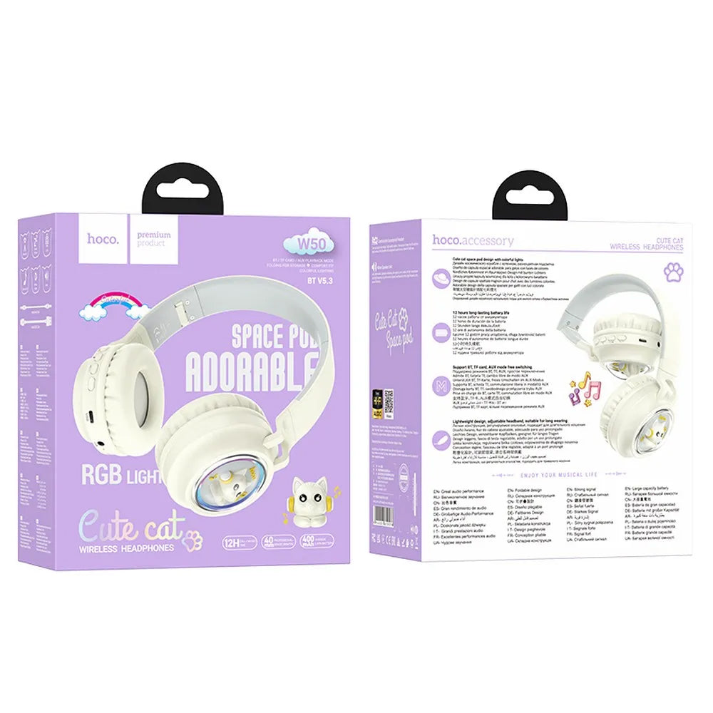 Handsfree Bluetooth HOCO W50 Kids Cute Cat, A2DP, Branco