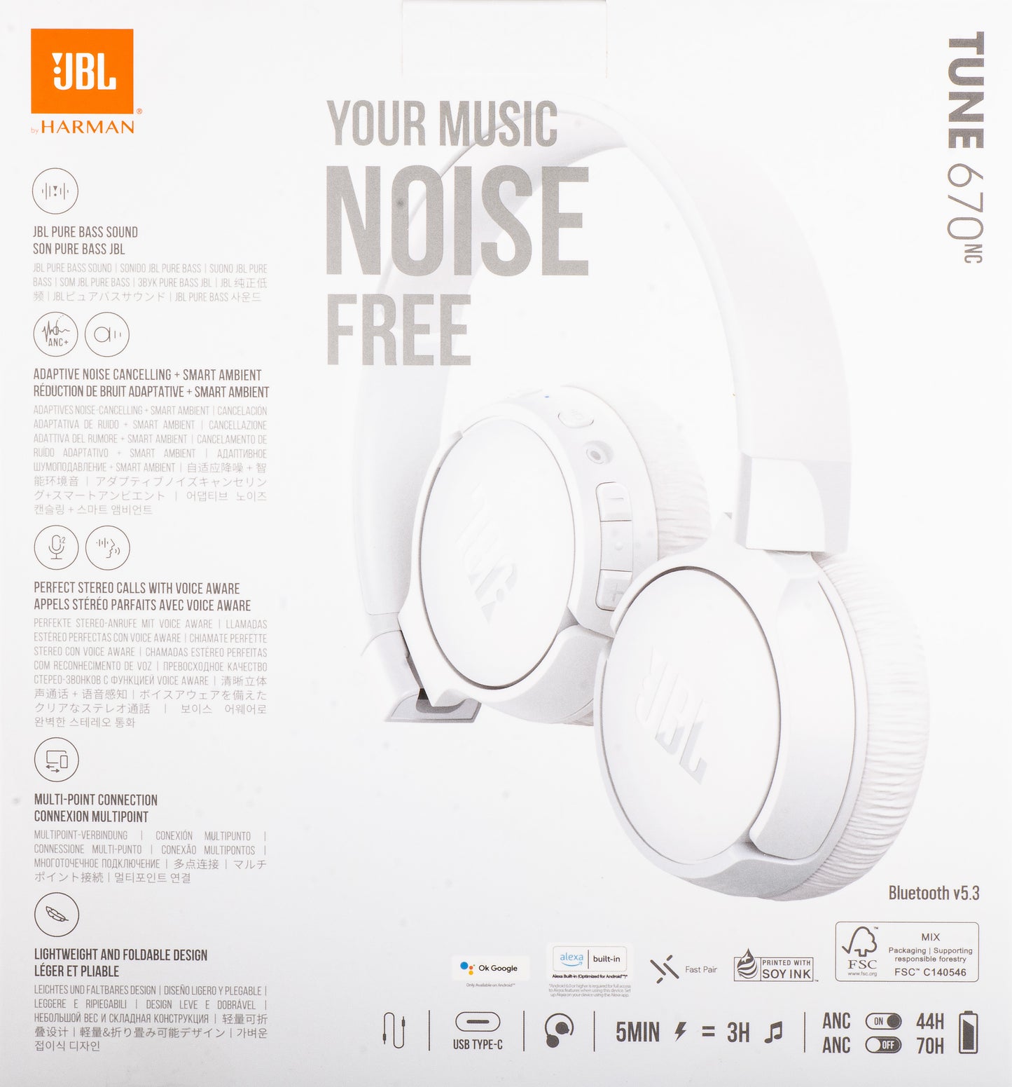 Handsfree Bluetooth JBL Tune 670NC, MultiPoint, A2DP, ANC, Branco JBLT670NCWHTAP