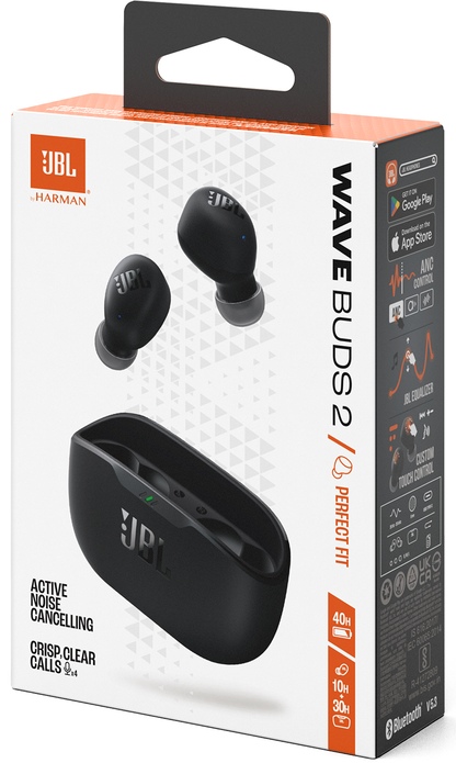 Handsfree Bluetooth JBL Wave Buds 2, TWS, ANC, MultiPoint, Preto JBLWBUDS2BLK