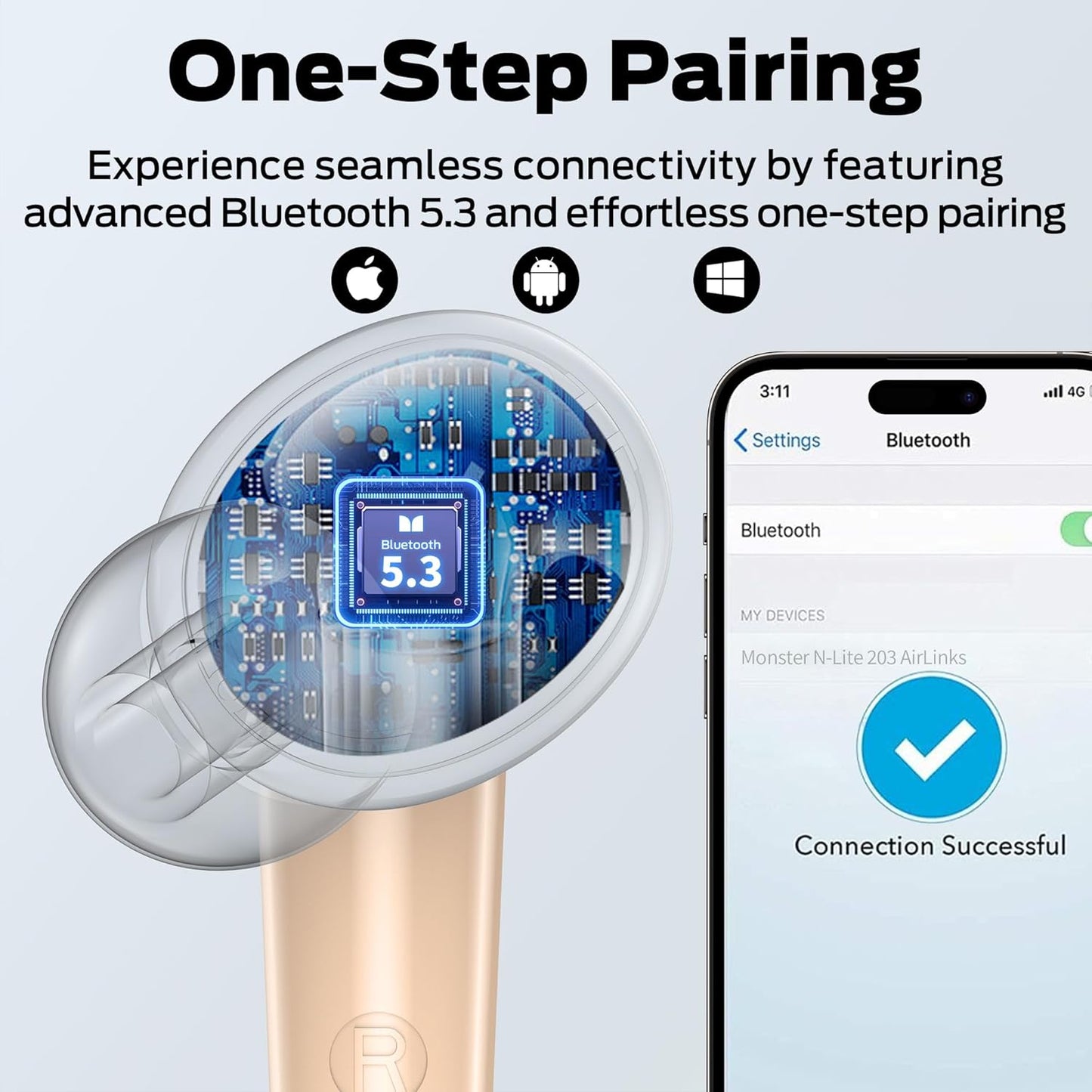 Handsfree Bluetooth Monster N-Lite 203 AirLinks, TWS, Dourado