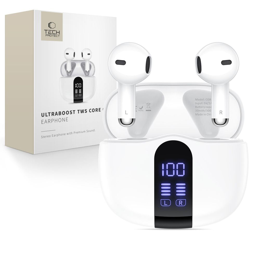 Auricular Bluetooth Tech-Protect Ultraboost Core G2, TWS, Branco