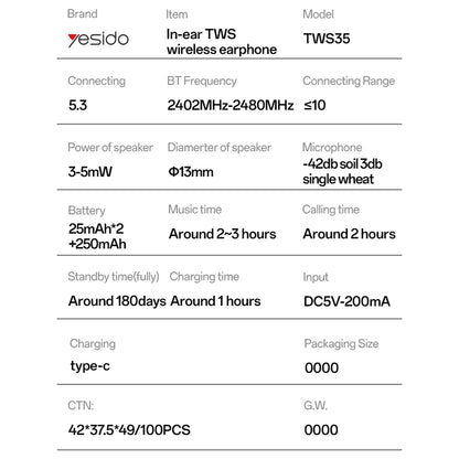Handsfree Bluetooth Yesido TWS35, TWS, Branco