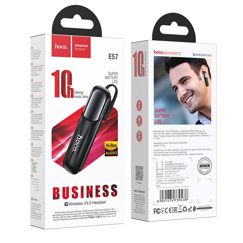 Auricular Bluetooth HOCO E57, A2DP, Preto