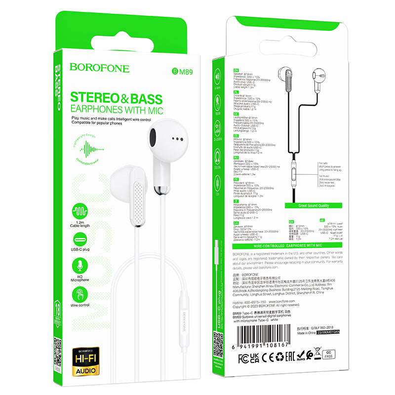 Handsfree USB-C Auricular Handsfree USB-C BM89 Surpass, Branco 