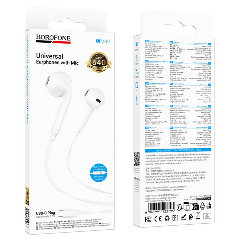 Handsfree USB-C Borofone BM99 Star, Branco