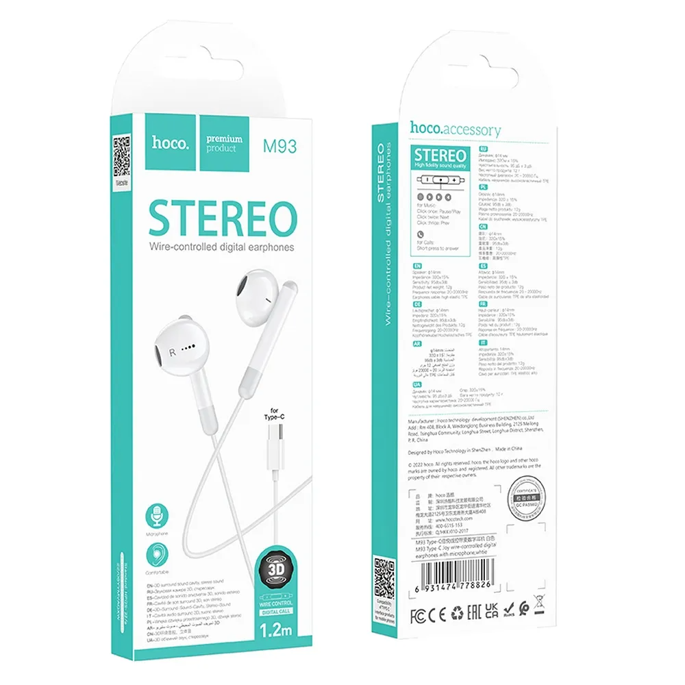 Mãos livres USB-C HOCO M93, Branco