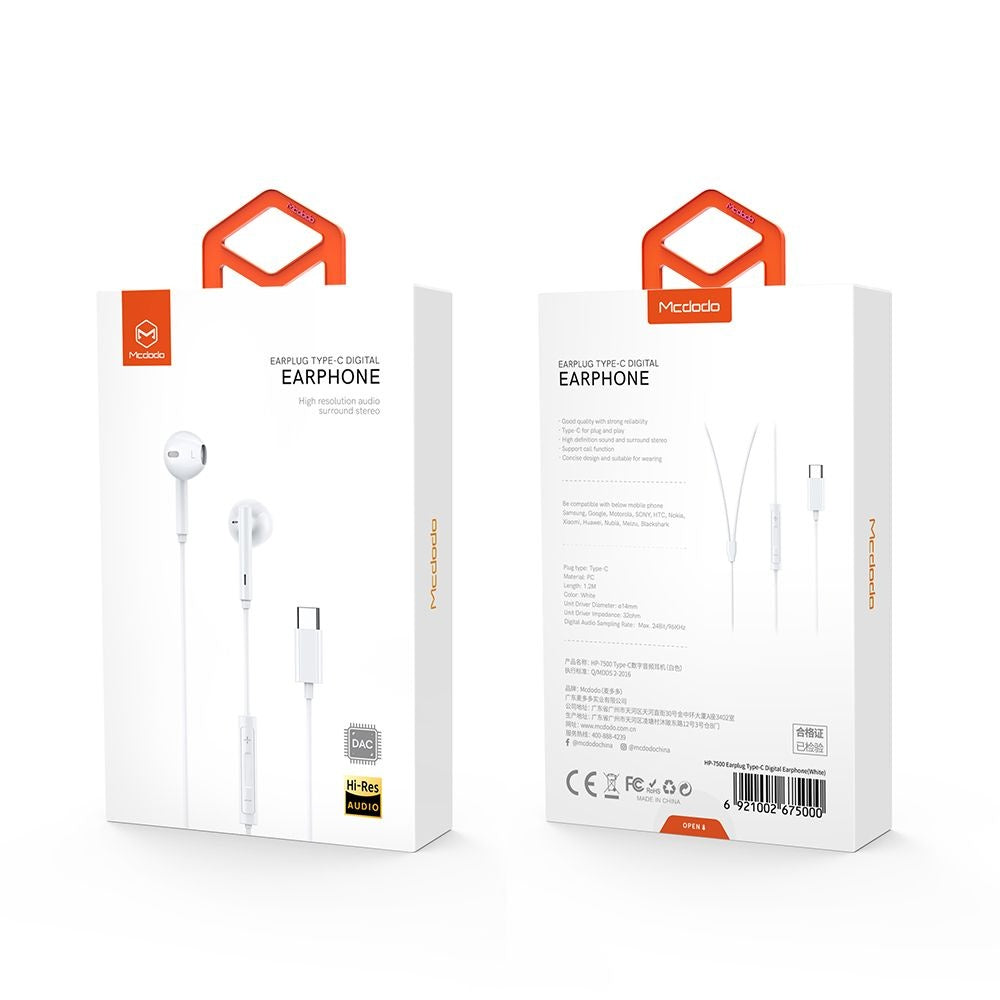 Handsfree USB-C McDodo HP-7500, 1.2m, Branco