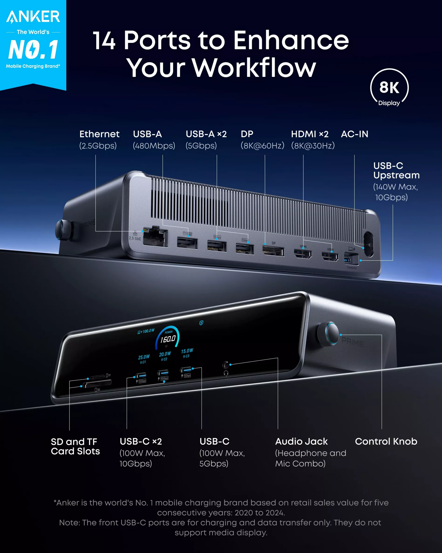 Hub Multifuncional Anker Prime, 3 x USB-A - 4 x USB-C - 1 x Display Port - 2 x HDMI - 1 x Jack 3.5mm - 1 x RJ45 - 1 x SD - 1 x microSD, Cinzento A83B33A1