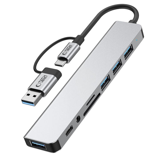 Hub USB / USB-C Tech-Protect HB06, 2 x USB-A 3.0 - 2 x USB-A - 1 x USB-C - 1 x Jack 3.5mm - 1 x SD - 1 x microSD, Cinzento